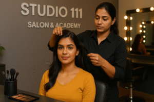 Student of Studio 111 doing hair styling of a girl client